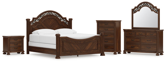 Lavinton King Poster Bed with Mirrored Dresser, Chest and Nightstand