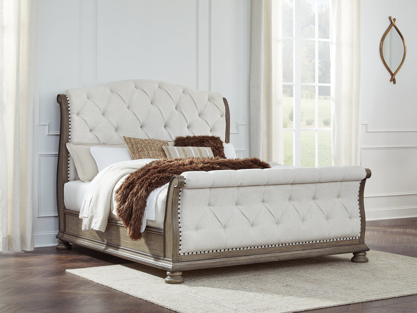Ardenfield King Upholstered Sleigh Bed with Mirrored Dresser, Chest and Nightstand