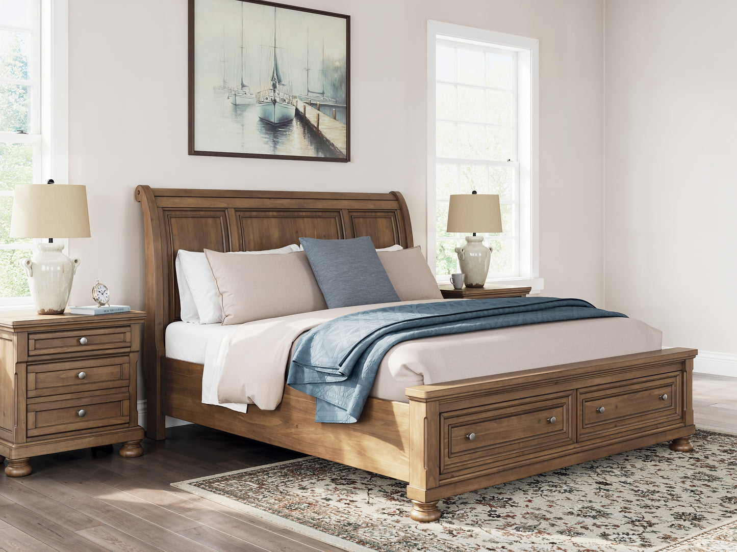 Feddinger King Storage Sleigh Bed with Mirrored Dresser