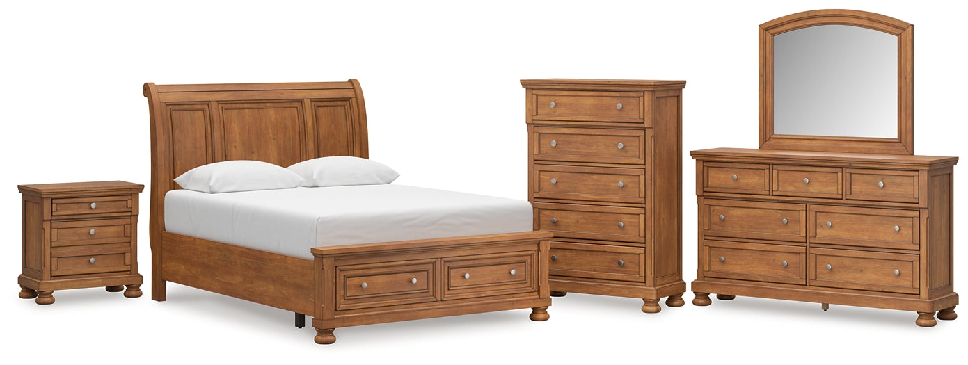 Feddinger Queen Storage Sleigh Bed with Mirrored Dresser, Chest and Nightstand