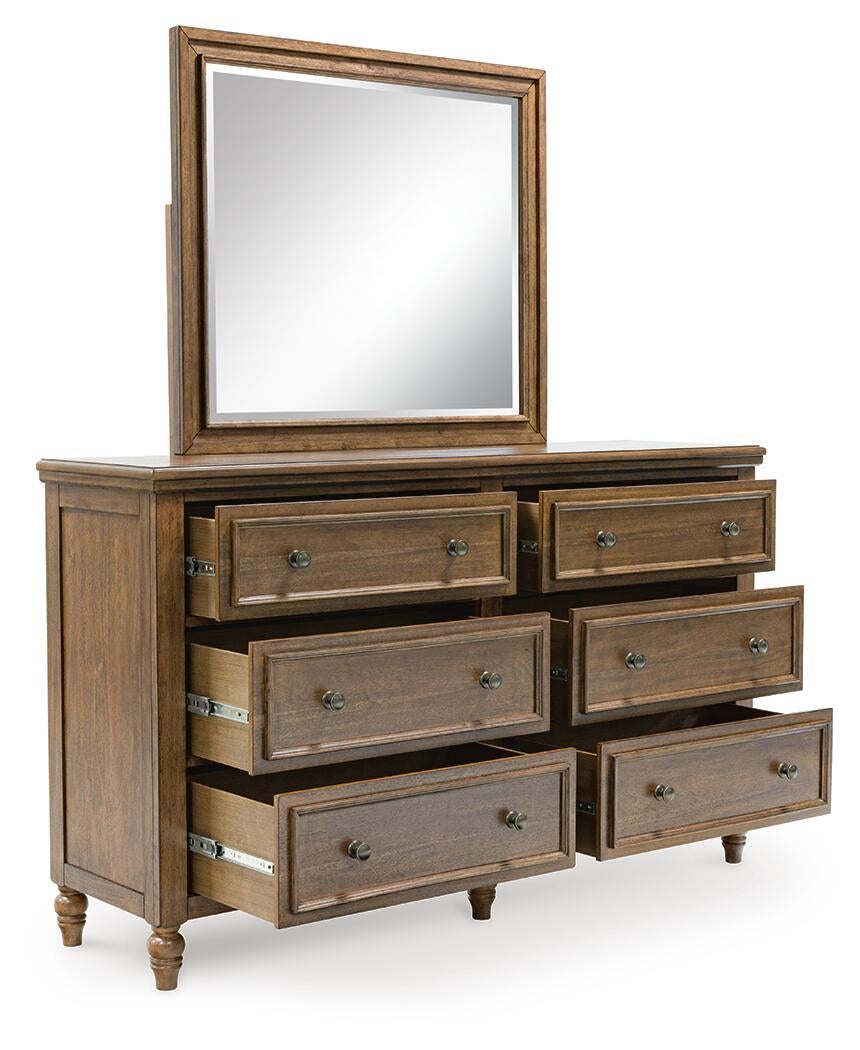 Sturlayne California King Upholstered Panel Bed, Dresser, Mirror, Chest and Nightstand
