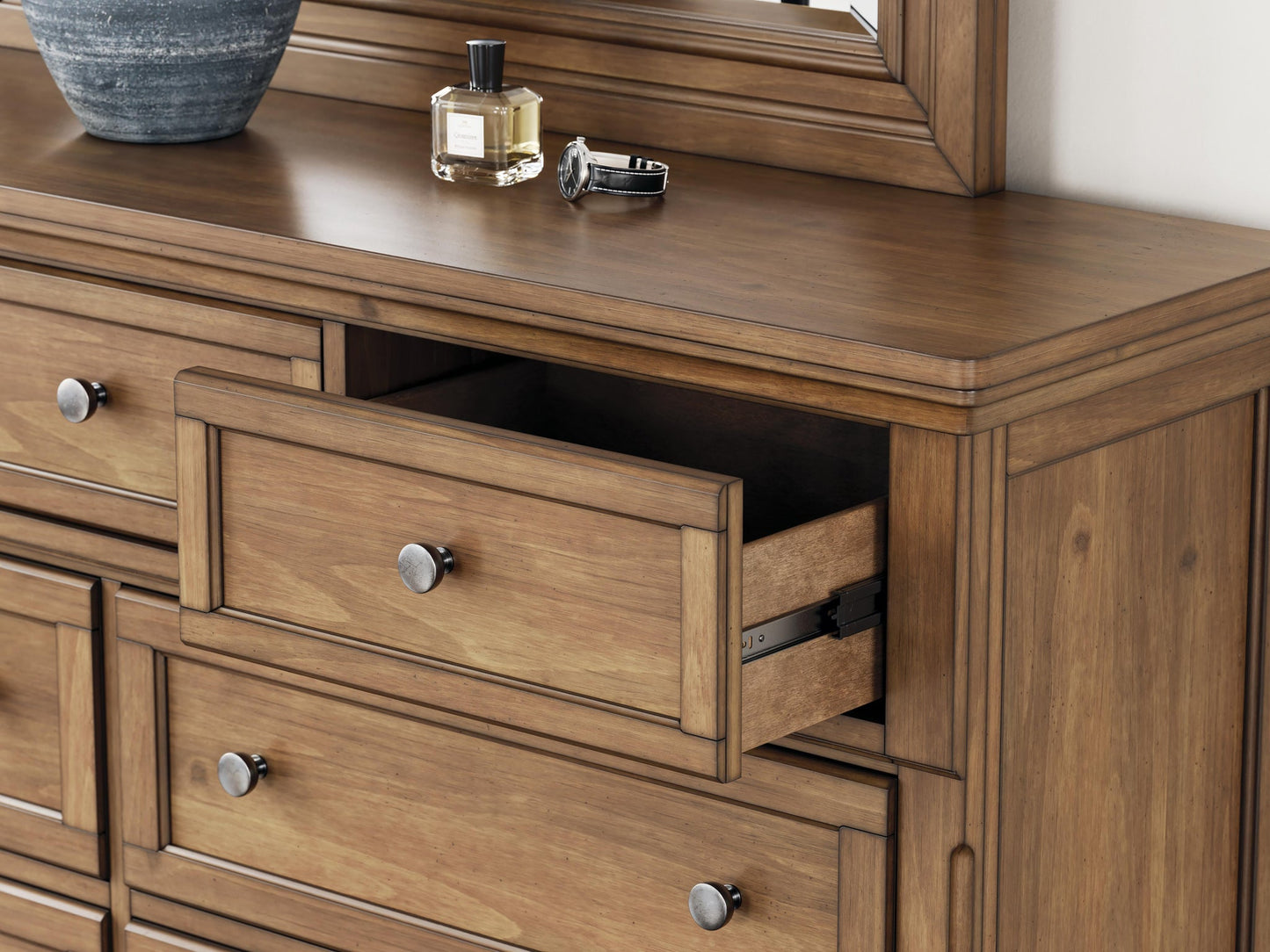 Vandenmore Queen Storage Sleigh Bed with Mirrored Dresser, Chest and Nightstand