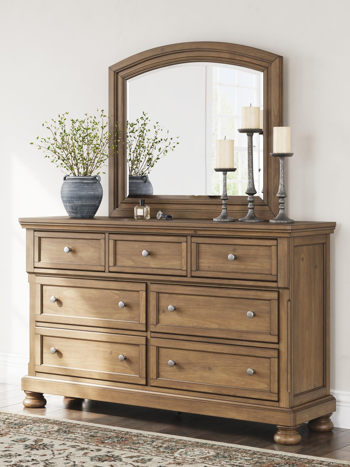 Vandenmore Queen Storage Sleigh Bed with Mirrored Dresser, Chest and Nightstand