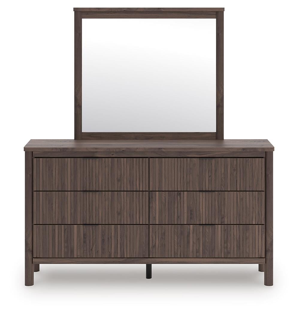 Cadmori King Upholstered Panel Platform Bed, Dresser, Mirror and Nightstand