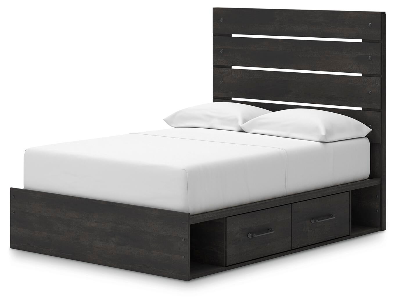 Delmorta Full Panel Bed with Storage, Dresser, Mirror and Nightstand