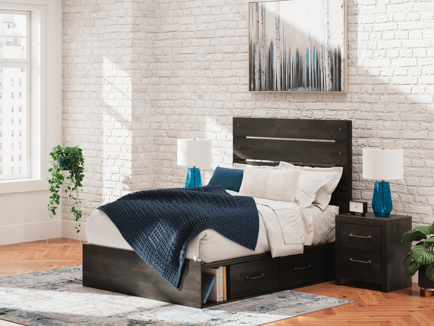 Delmorta Full Panel Bed with Storage, Dresser, Mirror and Nightstand