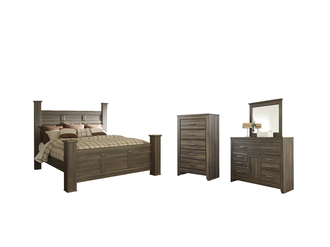 Juararo King Poster Bed with Mirrored Dresser and Chest