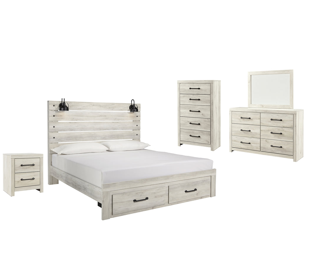 Cambeck Queen Panel Bed with 2 Storage Drawers with Mirrored Dresser, Chest and Nightstand