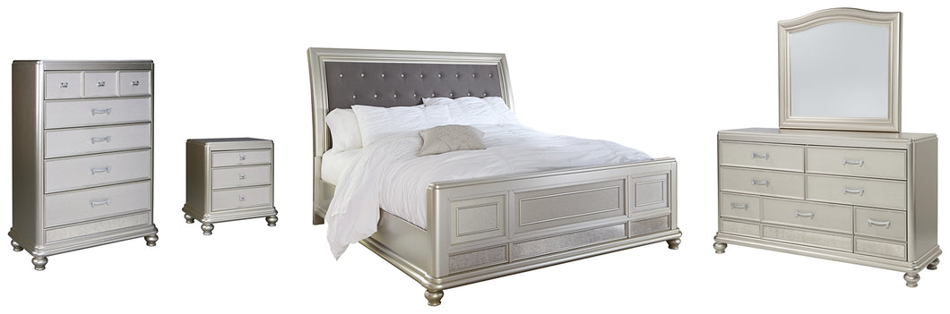 Coralayne California King Upholstered Sleigh Bed with Mirrored Dresser, Chest and Nightstand