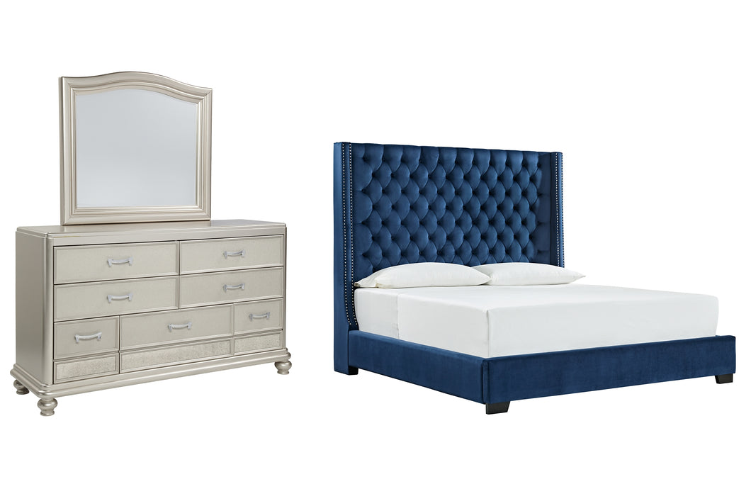 Coralayne California King Upholstered Bed with Mirrored Dresser