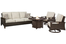 Load image into Gallery viewer, Paradise Trail Outdoor Sofa and 2 Lounge Chairs with Fire Pit Table
