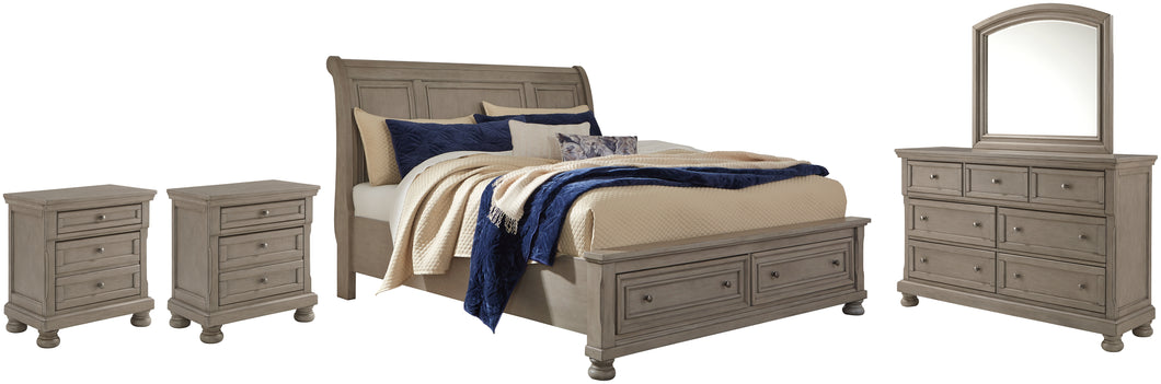 Lettner Queen Sleigh Bed with 2 Storage Drawers with Mirrored Dresser and 2 Nightstands