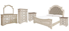 Load image into Gallery viewer, Realyn Queen Upholstered Panel Bed with Mirrored Dresser, Chest and 2 Nightstands
