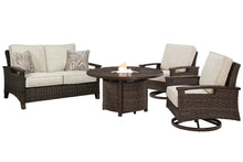Load image into Gallery viewer, Paradise Trail Outdoor Loveseat and 2 Lounge Chairs with Fire Pit Table
